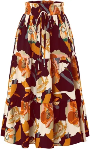 Women's Elastic High Waist Skirts Pleated Floral Print A-Line Midi Skirt Boho Casual Tiered Beach Vacation Party Skirt