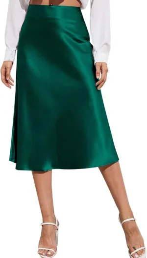 Womens Elegant Satin Midi Skirt Dressy High Waisted Skirts A-Line Silk Skirt Wedding Guest Dresses Cocktail Party Long Skirt