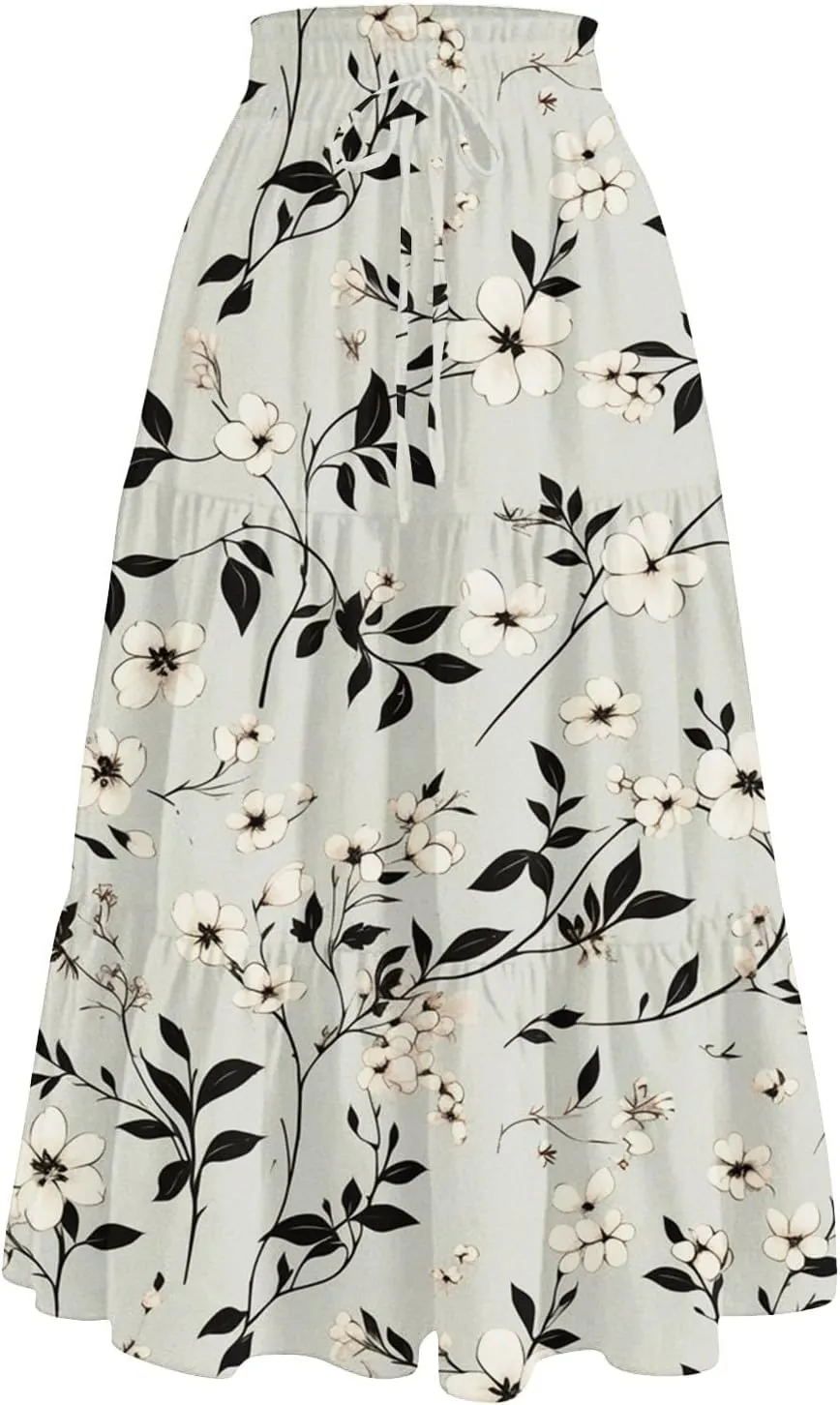 Women's Maxi Dresses 2025 Floral Maxi Skirt Summer Comfy Tiered Elastic High Waisted Skirts Vacation, S-XL