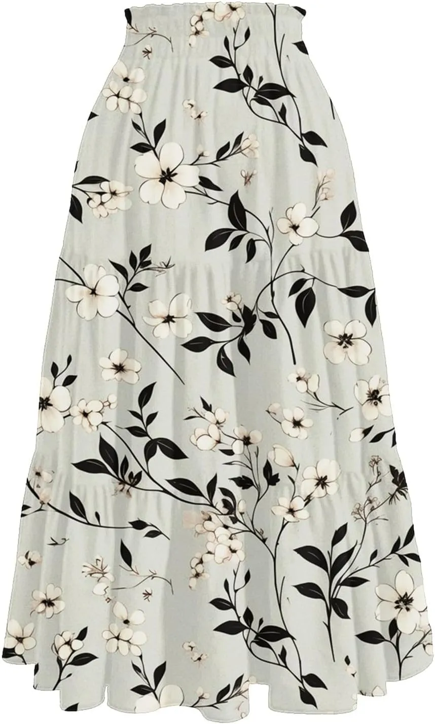 Women's Maxi Dresses 2025 Floral Maxi Skirt Summer Comfy Tiered Elastic High Waisted Skirts Vacation, S-XL