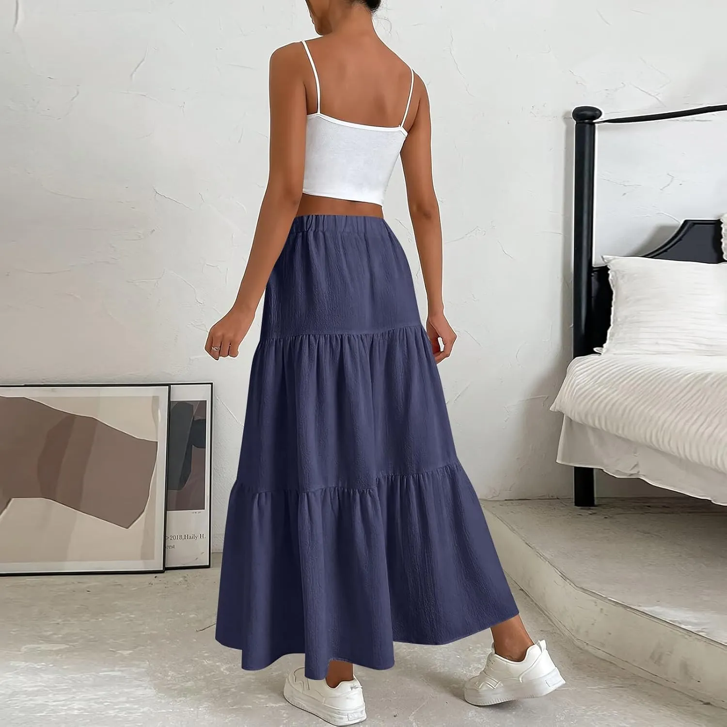 Womens Maxi Skirts Elastic Boho High Waisted Pleated Long Skirts Summer Casual Flowy A Line Tiered Beach Skirt