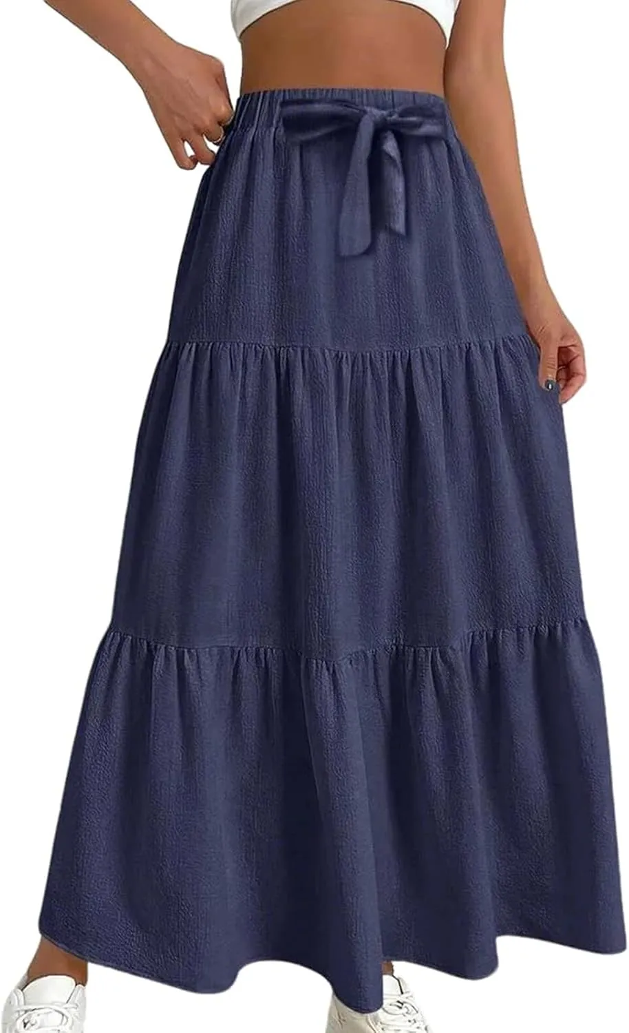 Womens Maxi Skirts Elastic Boho High Waisted Pleated Long Skirts Summer Casual Flowy A Line Tiered Beach Skirt