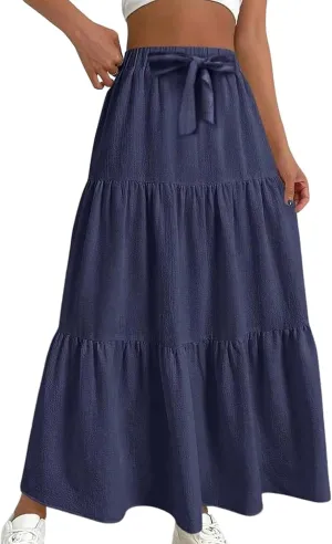 Womens Maxi Skirts Elastic Boho High Waisted Pleated Long Skirts Summer Casual Flowy A Line Tiered Beach Skirt