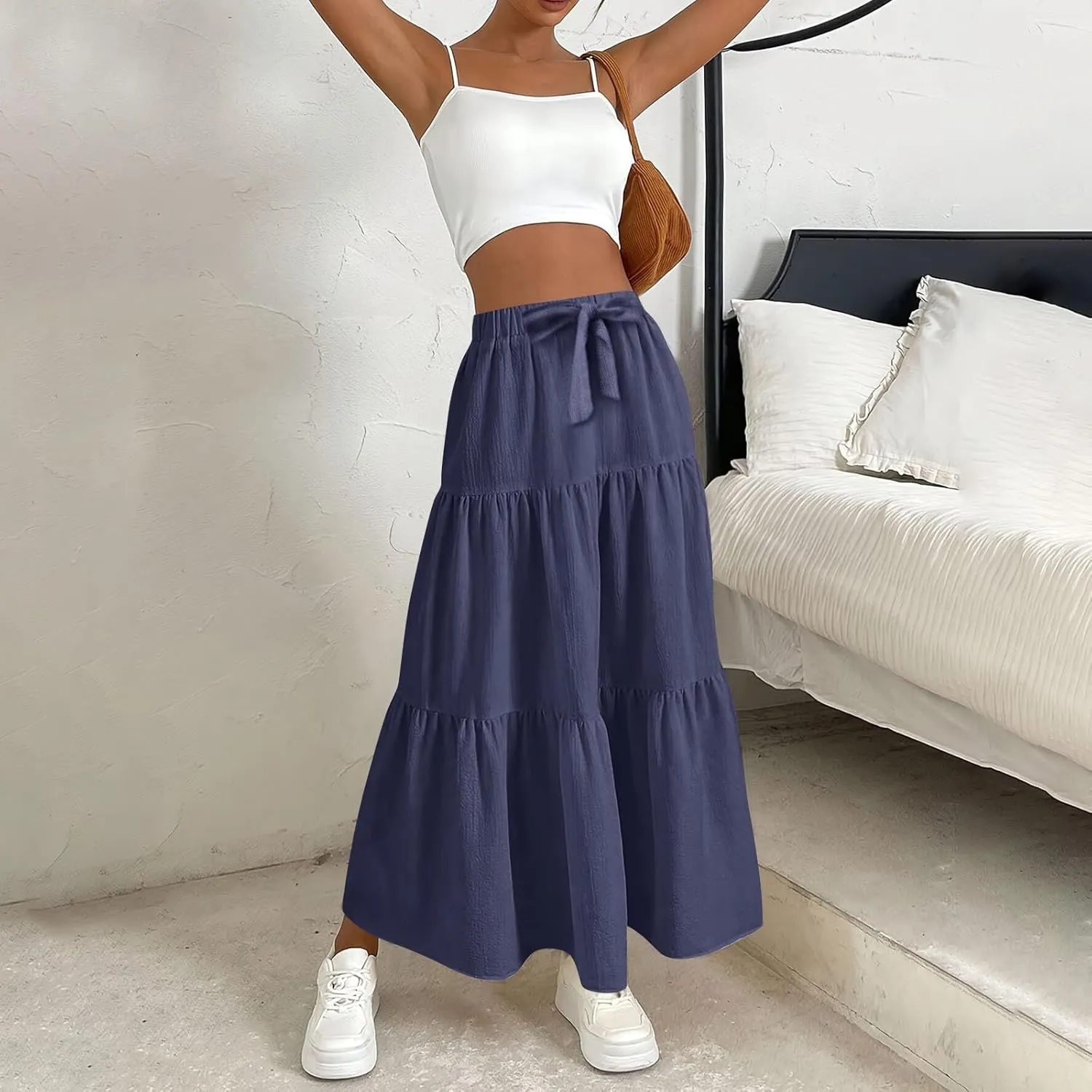 Womens Maxi Skirts Elastic Boho High Waisted Pleated Long Skirts Summer Casual Flowy A Line Tiered Beach Skirt