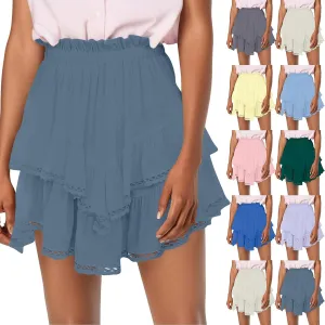 Women's Mini Skirts Pleated Skirt Lace Ruffles Short High Waisted Skirts Sundresses, S-2XL