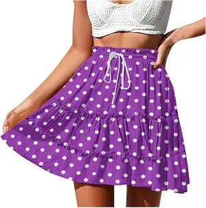 Women's Mini Skirts Summer Floral High Waist Ruffle Drawstring Tie Polka Dots Short Skirt Flowy Beach Skirts