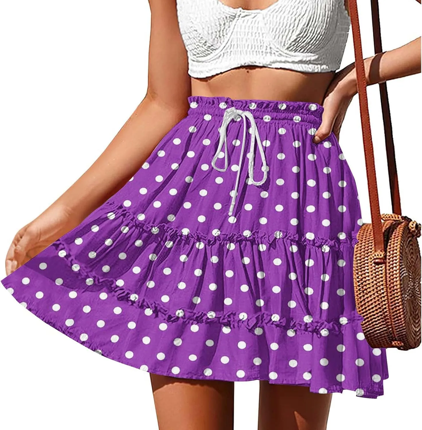 Women's Mini Skirts Summer Floral High Waist Ruffle Drawstring Tie Polka Dots Short Skirt Flowy Beach Skirts