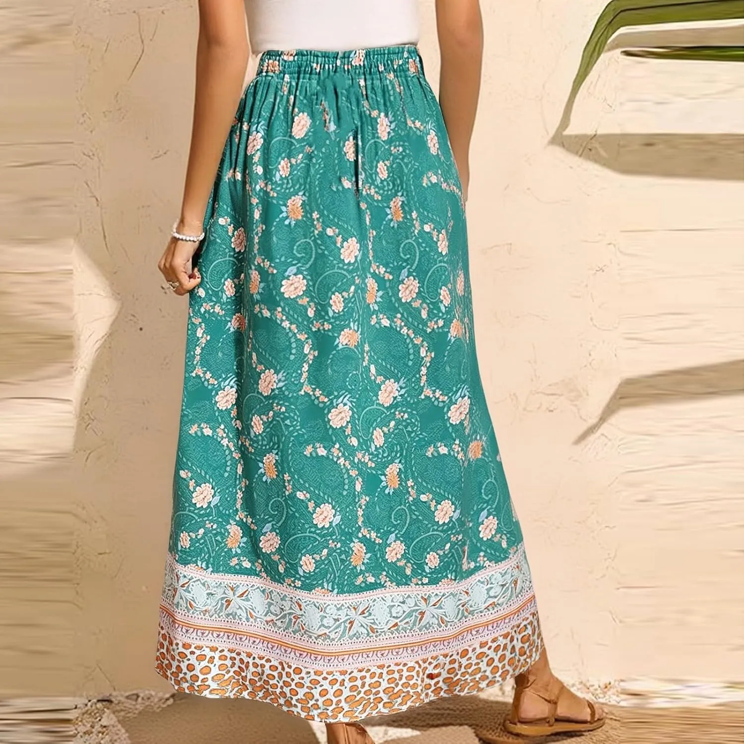 Women's Pleated Skirt Elastic Waist A-Line Summer Printed Loose High Waist Swing Skirt, S-2XL