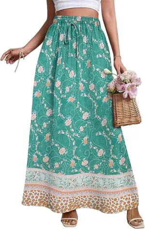 Women's Pleated Skirt Elastic Waist A-Line Summer Printed Loose High Waist Swing Skirt, S-2XL