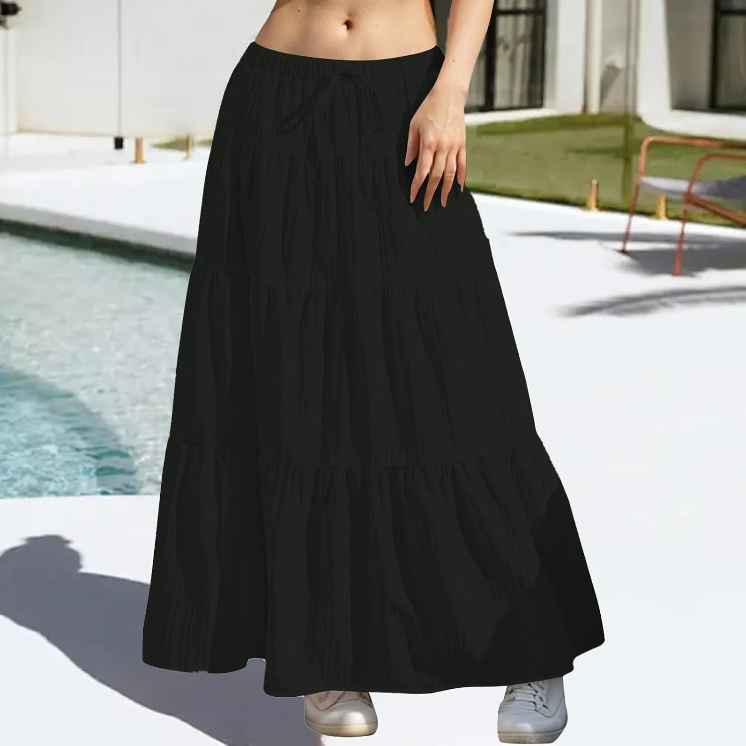 Women's Summer Casual Maxi Skirt Boho Flowy Swing Tiered A-Line Skirt 2025 Fashion Pleated Beach Long Skirts