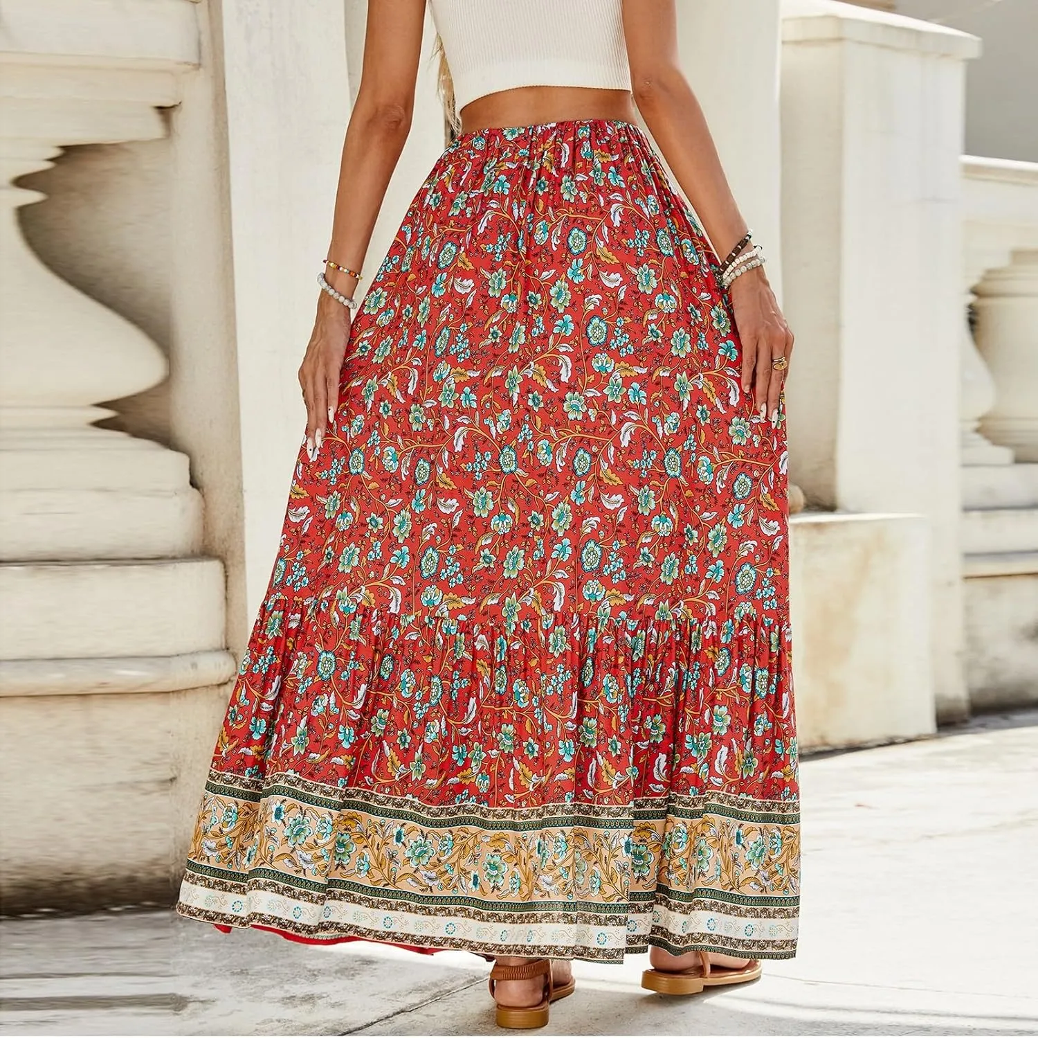 Women's Summer Dresses 2025 Boho Long Flowy Floral Elastic High Waist Line Pleated Beach Skirt Casual Dresses, S-XL
