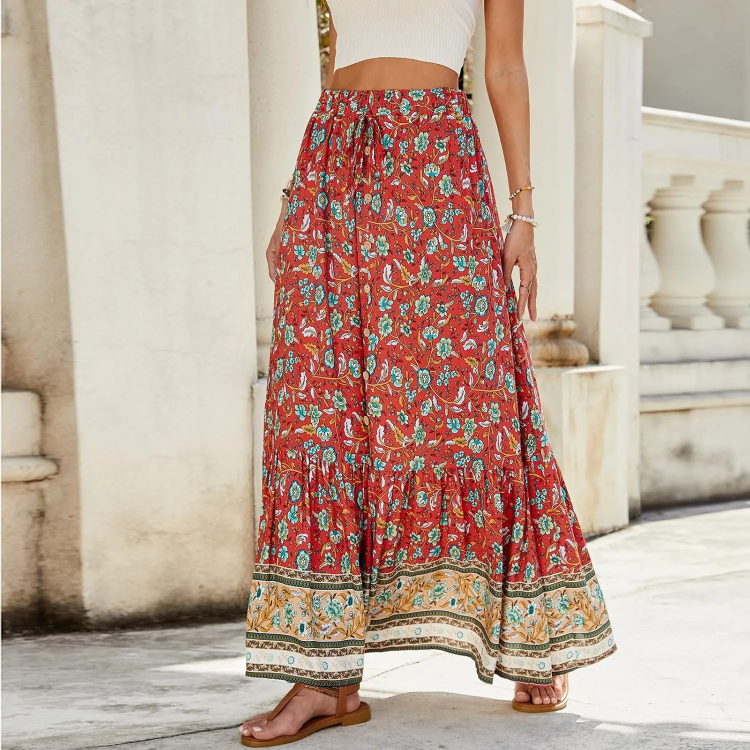 Women's Summer Dresses 2025 Boho Long Flowy Floral Elastic High Waist Line Pleated Beach Skirt Casual Dresses, S-XL