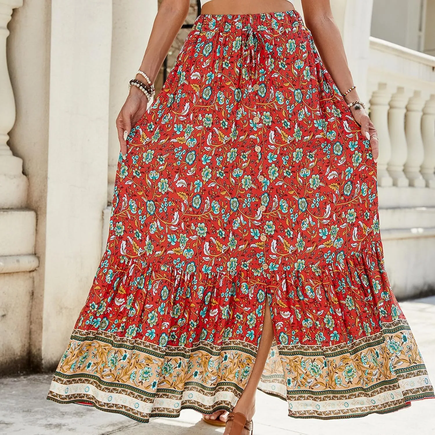 Women's Summer Dresses 2025 Boho Long Flowy Floral Elastic High Waist Line Pleated Beach Skirt Casual Dresses, S-XL