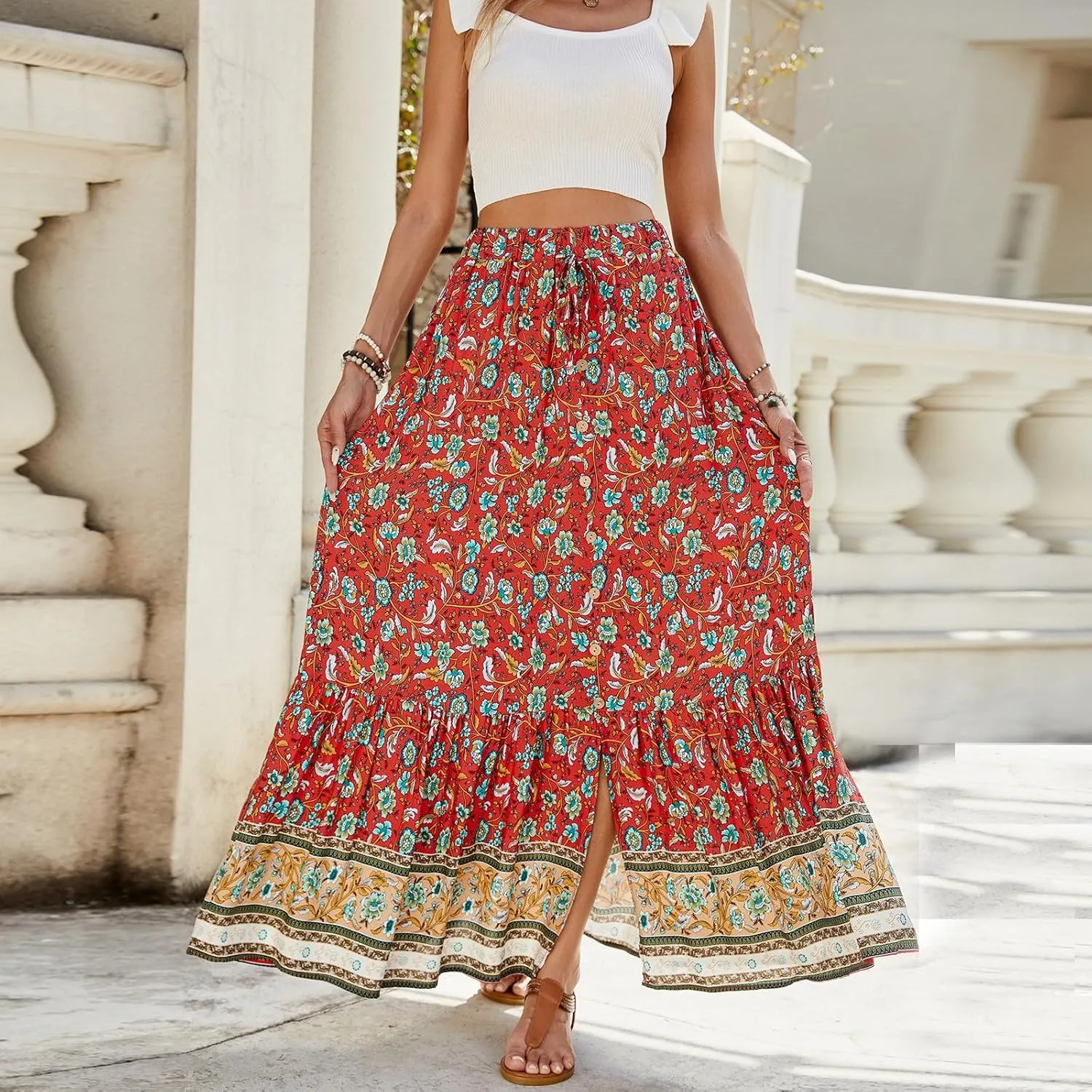 Women's Summer Dresses 2025 Boho Long Flowy Floral Elastic High Waist Line Pleated Beach Skirt Casual Dresses, S-XL