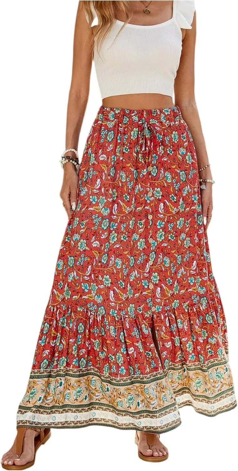 Women's Summer Dresses 2025 Boho Long Flowy Floral Elastic High Waist Line Pleated Beach Skirt Casual Dresses, S-XL