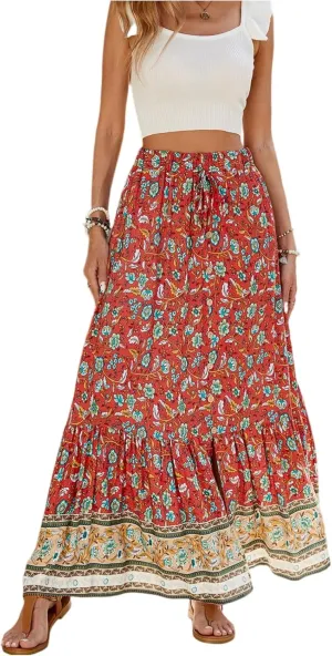 Women's Summer Dresses 2025 Boho Long Flowy Floral Elastic High Waist Line Pleated Beach Skirt Casual Dresses, S-XL